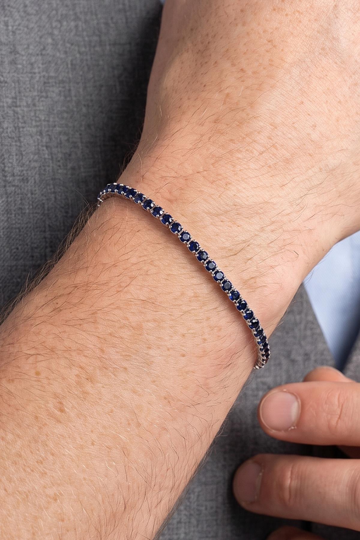 FRNCH 925 Ayar Gümüş 2MM Zirkon Taşlı Lacivert Renk Tennis Erkek Bileklik FRM11979-2079-L