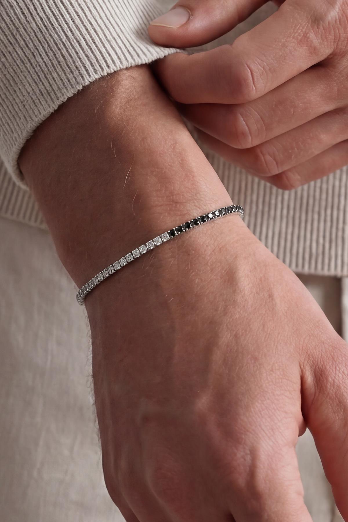 FRNCH 925 Ayar Gümüş 2MM Zirkon Taşlı Siyah-Beyaz Renk Tennis Erkek Bileklik FRJ11979-2079-AB2