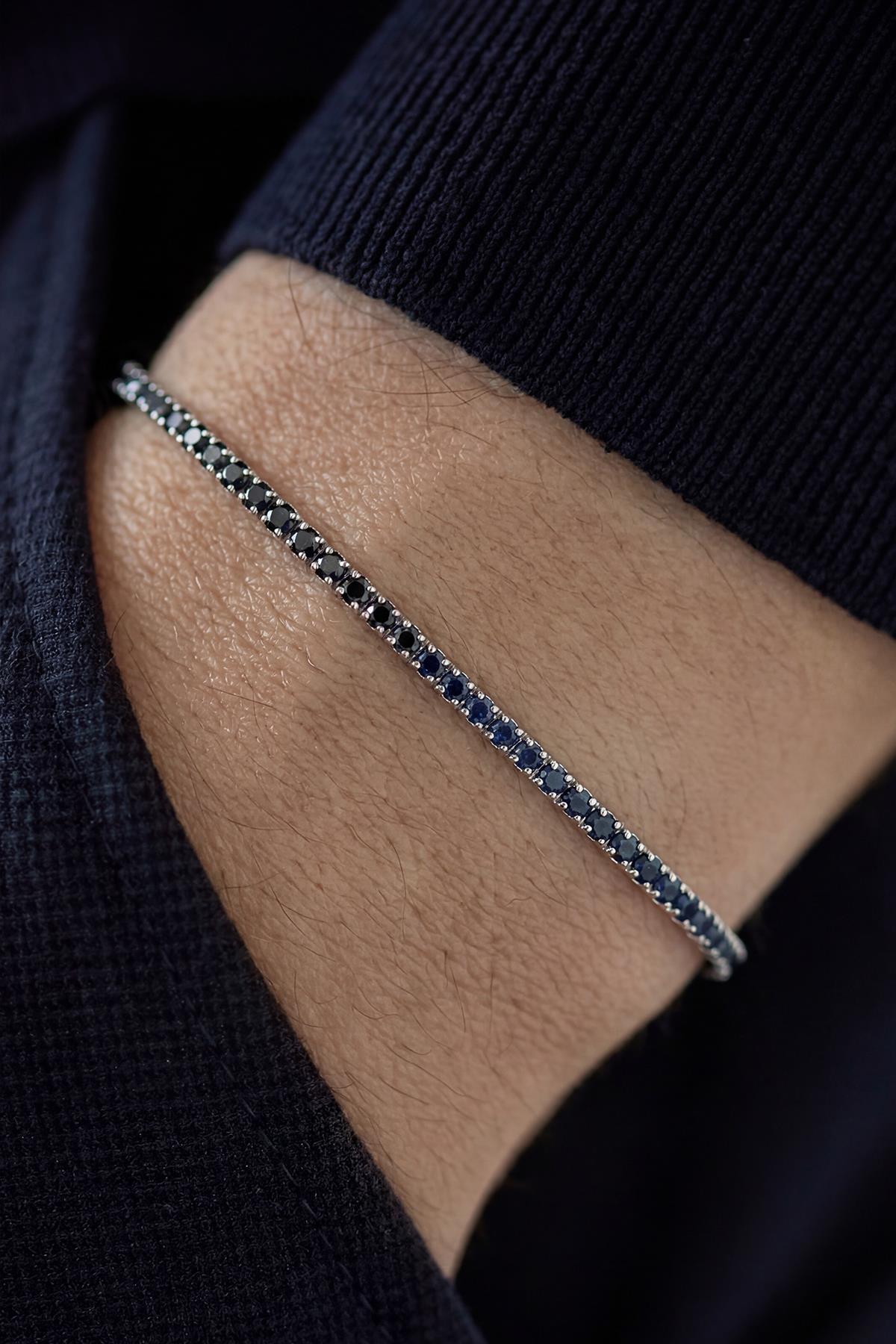 FRNCH 925 Ayar Gümüş 2MM Zirkon Taşlı Siyah-Lacivert Renk Tennis Erkek Bileklik FRJ11979-2079-L2B2