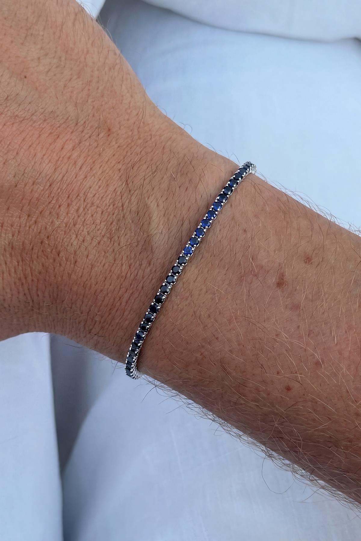 FRNCH 925 Ayar Gümüş 2MM Zirkon Taşlı Siyah-Lacivert Renk Tennis Erkek Bileklik FRJ11979-2079-L2B2