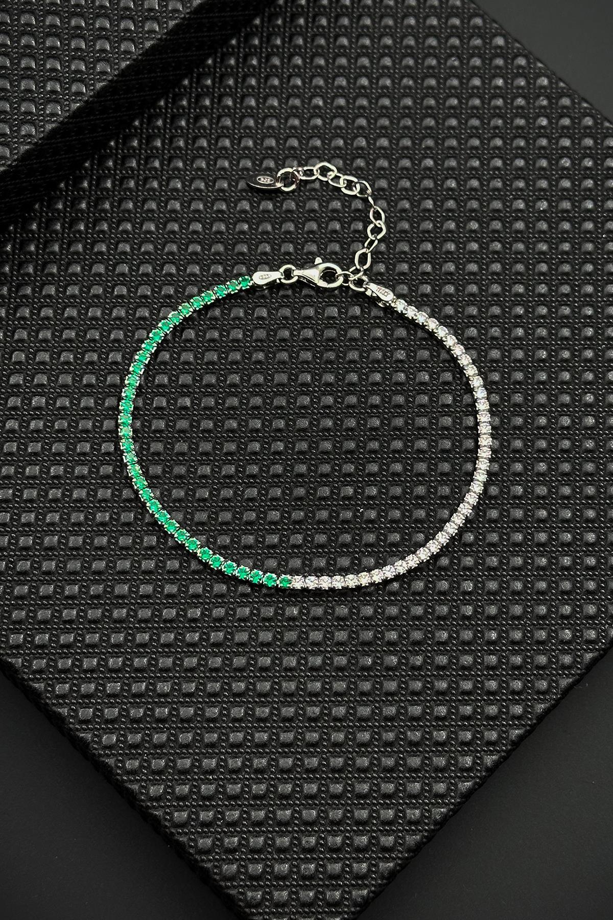 FRNCH 925 Ayar Gümüş 2MM Zirkon Taşlı Yeşil-Beyaz Renk Tennis Erkek Bileklik FRJ11979-2079-YA