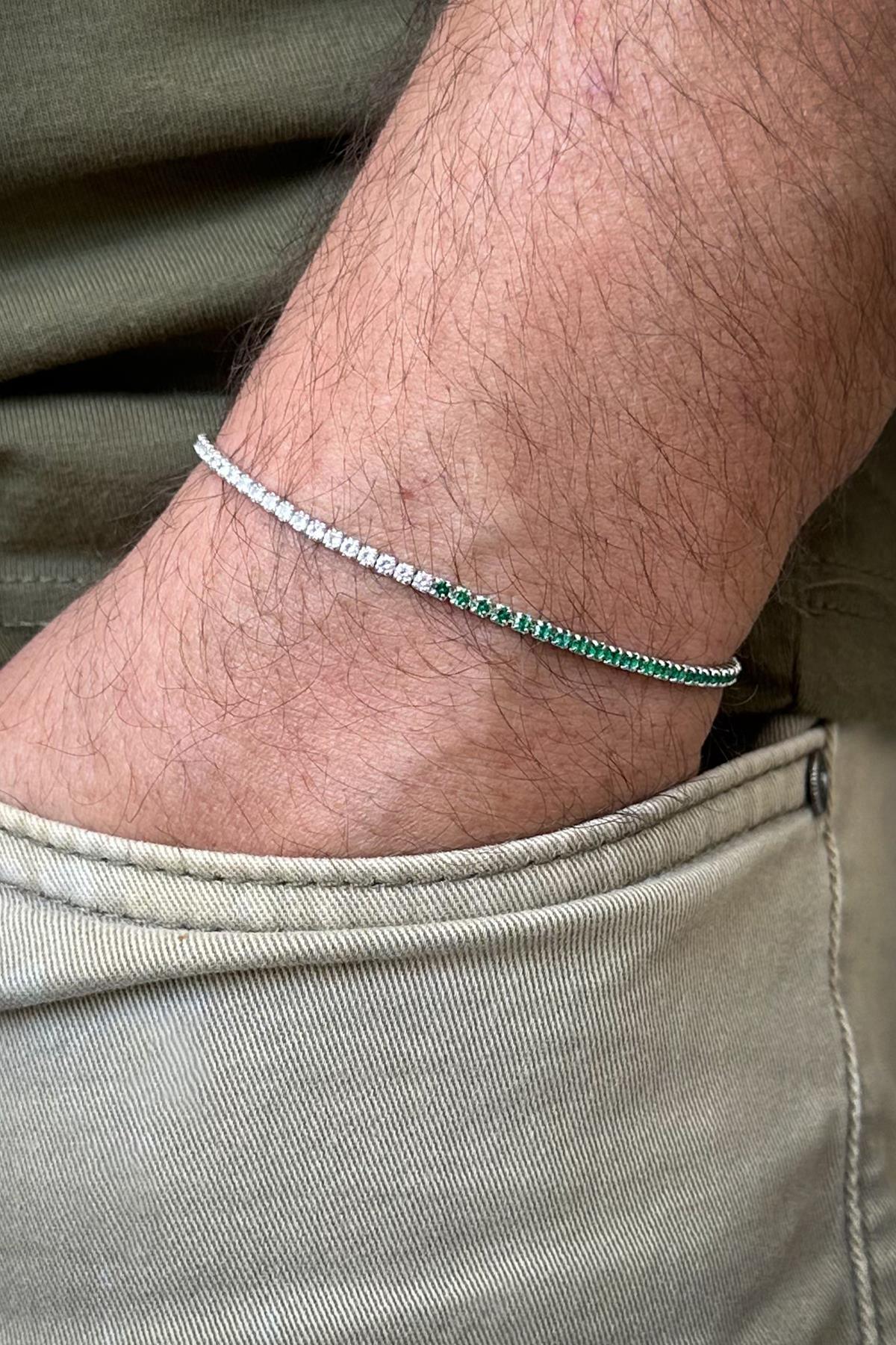 FRNCH 925 Ayar Gümüş 2MM Zirkon Taşlı Yeşil-Beyaz Renk Tennis Erkek Bileklik FRJ11979-2079-YA