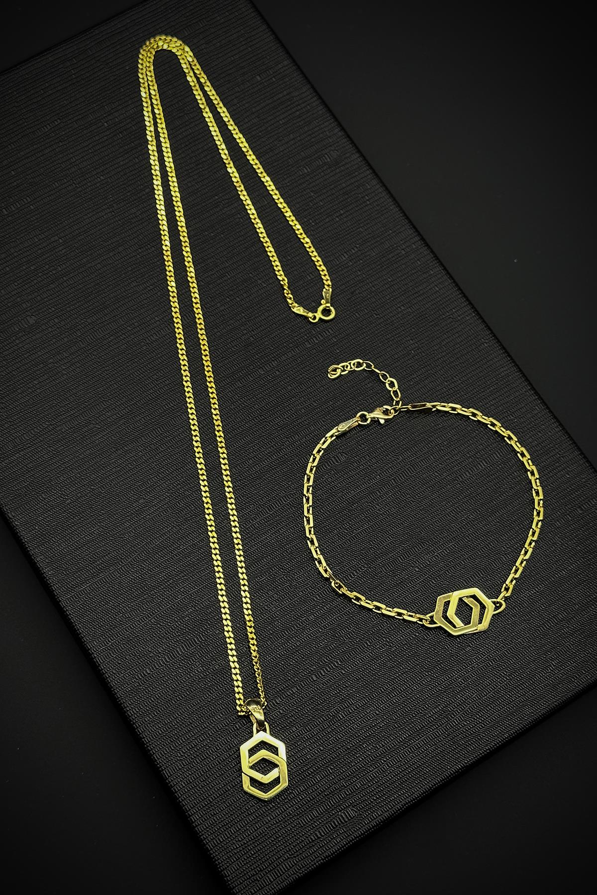 FRNCH 925 Ayar Gümüş Altıgen Figürlü Altın Renk Erkek Bileklik/Kolye Set FRJ40195-295-G