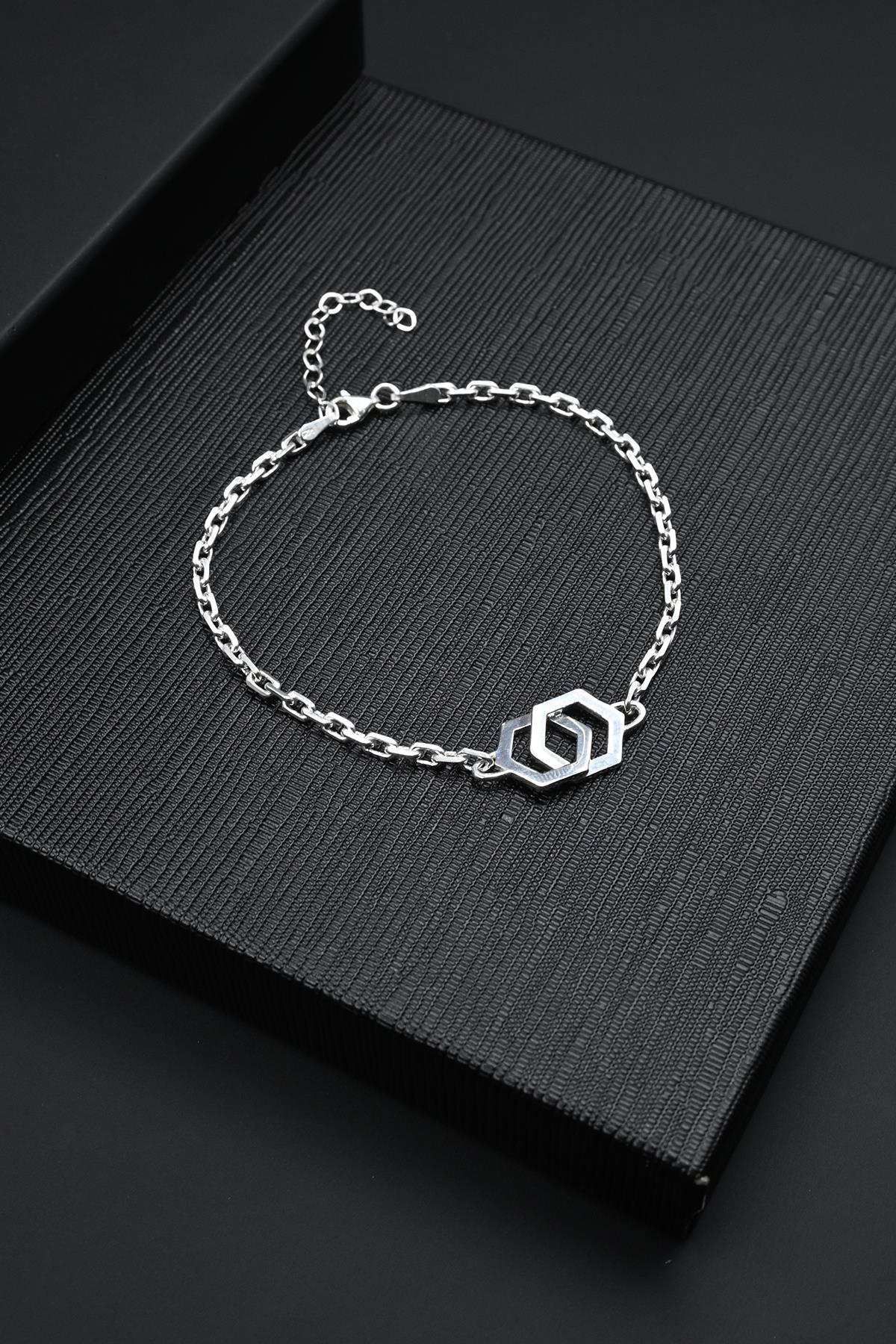 FRNCH 925 Ayar Gümüş Altıgen Figürlü Gümüş Renk Erkek Bileklik FRJ12150-3150-A