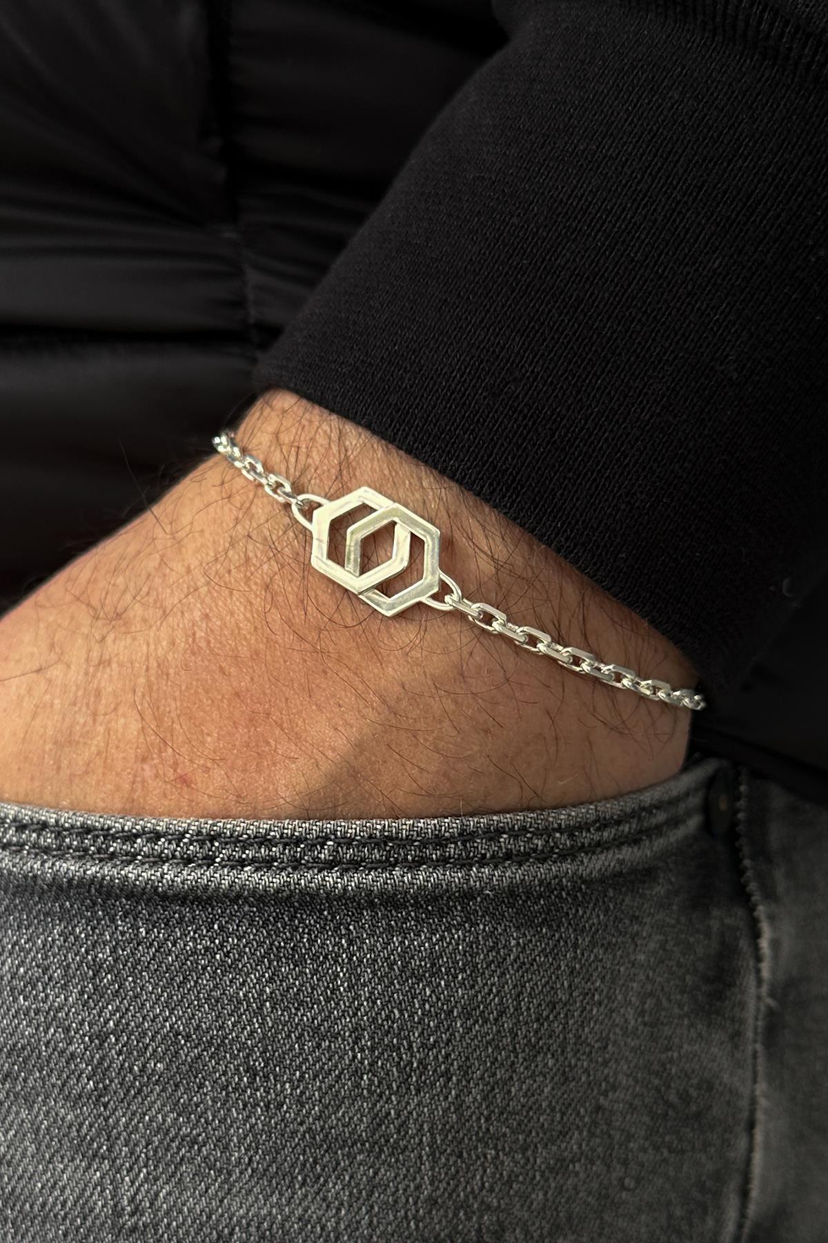 FRNCH 925 Ayar Gümüş Altıgen Figürlü Gümüş Renk Erkek Bileklik FRJ12150-3150-A