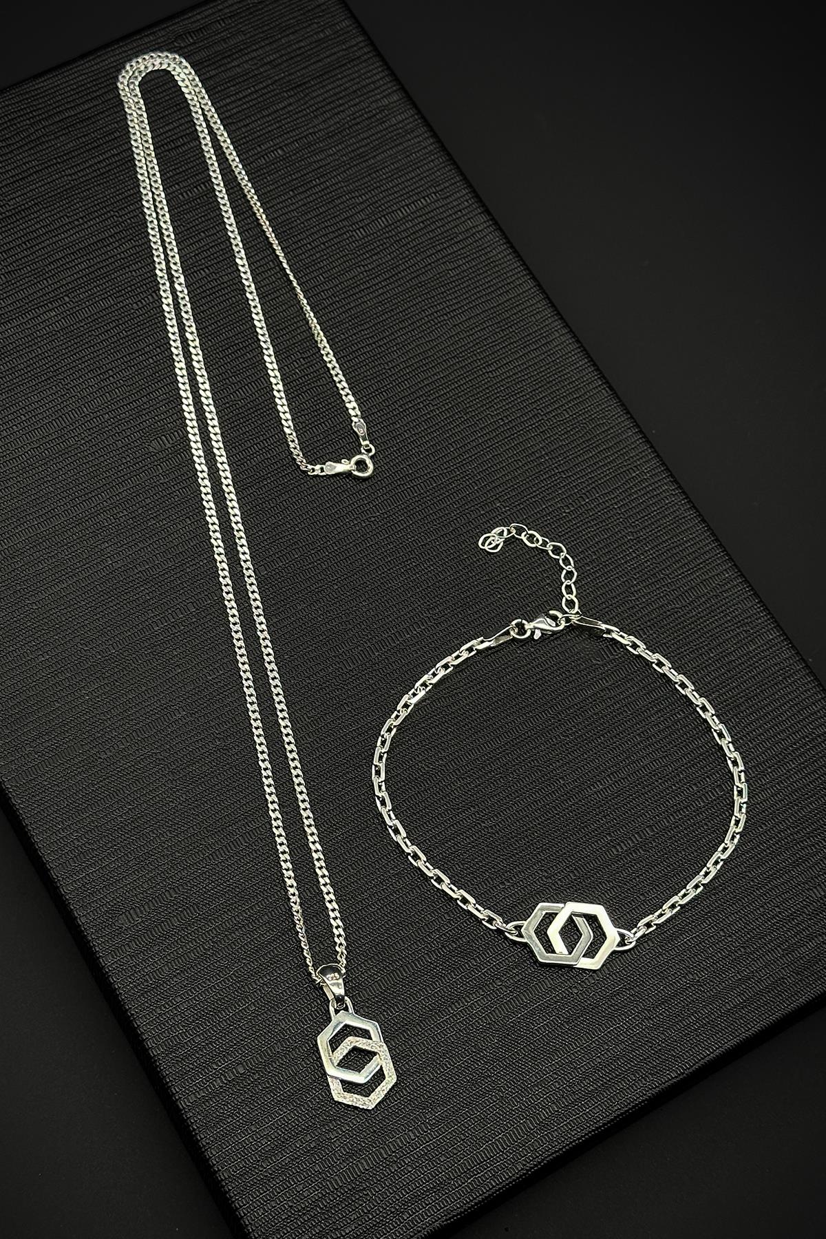 FRNCH 925 Ayar Gümüş Altıgen Figürlü Gümüş Renk Erkek Bileklik/Kolye Set FRJ40195-295-A