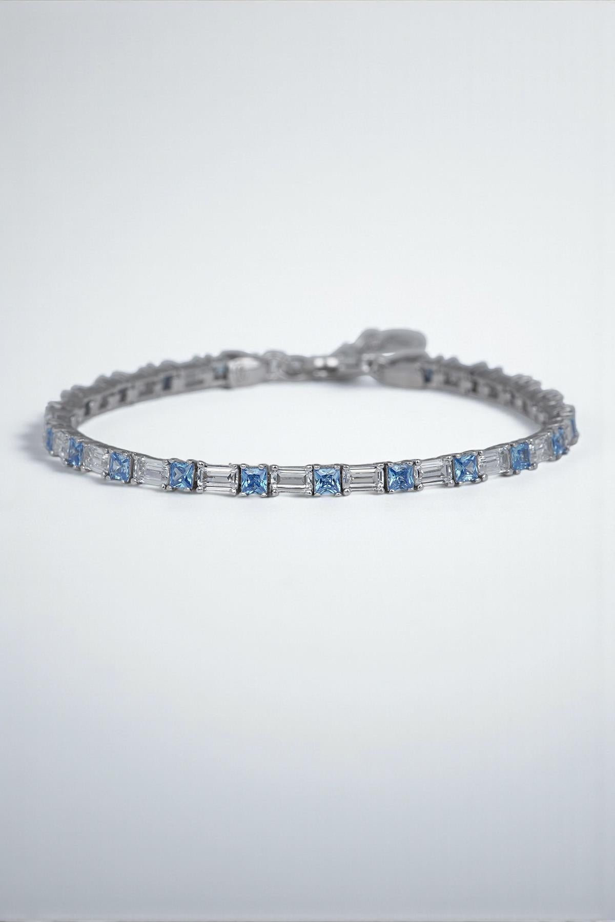 FRNCH 925 Ayar Gümüş Aqua Marine Taşlı Turkuaz-Beyaz Renk Tennis Erkek Bileklik FRJ12157-3157-MA