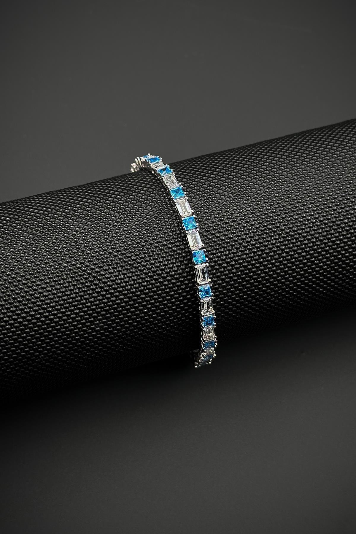 FRNCH 925 Ayar Gümüş Aqua Marine Taşlı Turkuaz-Beyaz Renk Tennis Erkek Bileklik FRJ12157-3157-MA