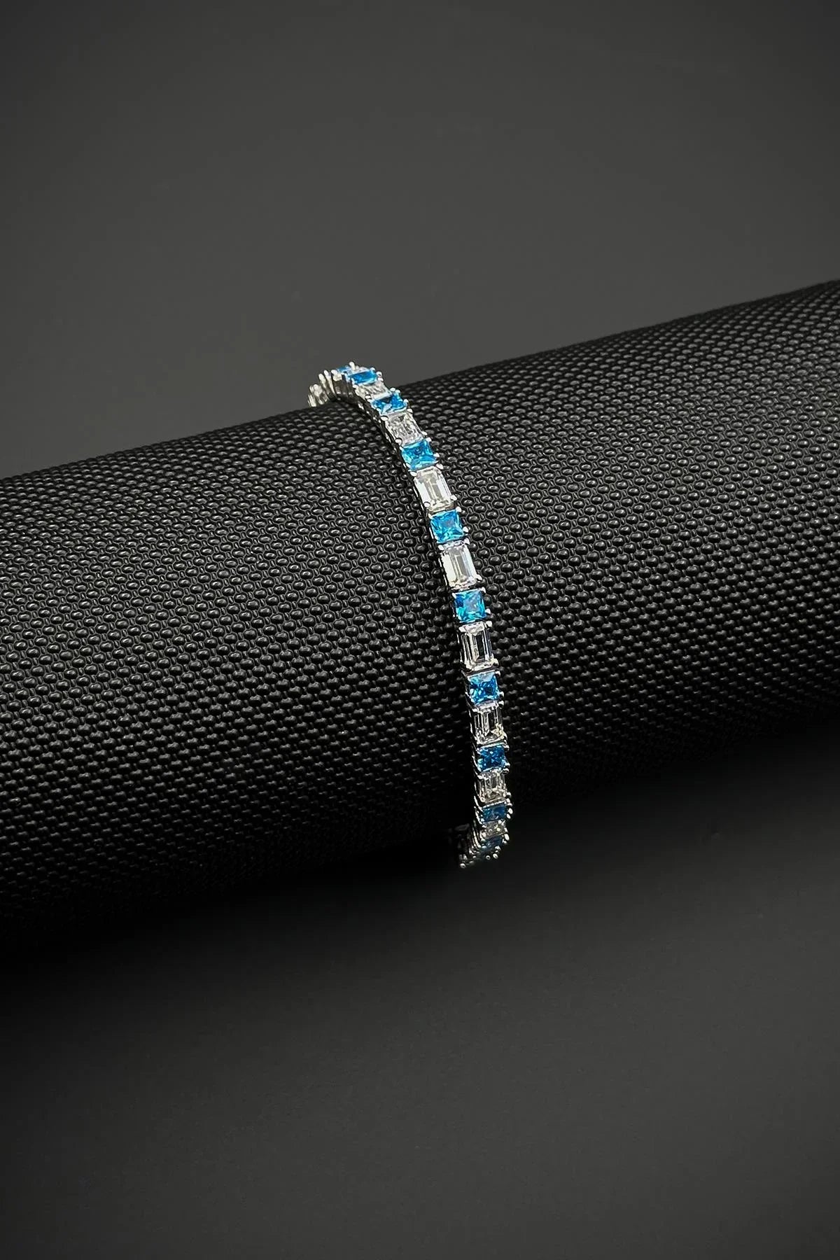 FRNCH 925 Ayar Gümüş Aqua Marine Taşlı Turkuaz-Beyaz Renk Tennis Erkek Bileklik FRJ12157-3157-MA