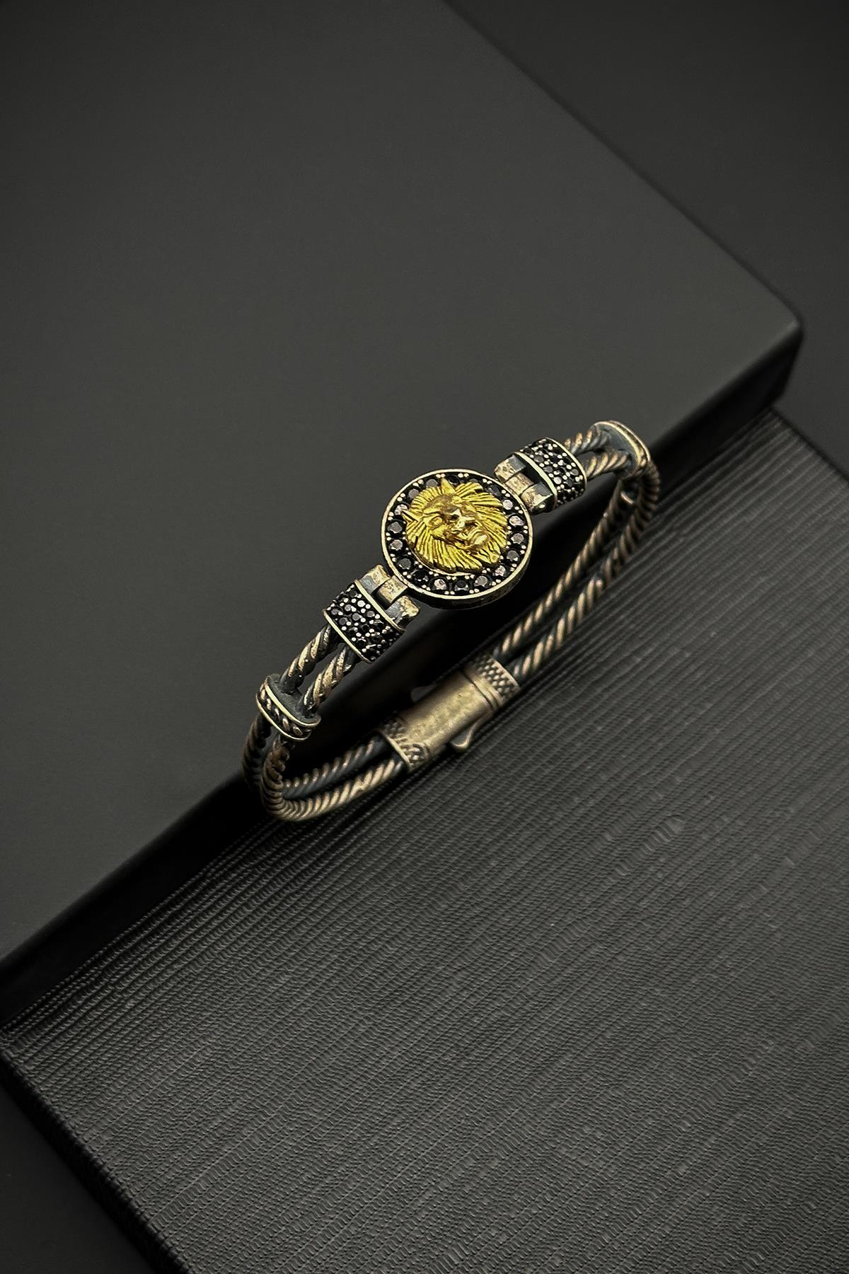 FRNCH 925 Ayar Gümüş Aslan Figürlü Antik Gümüş Renk Erkek Bileklik FRJ12081-3081-AG