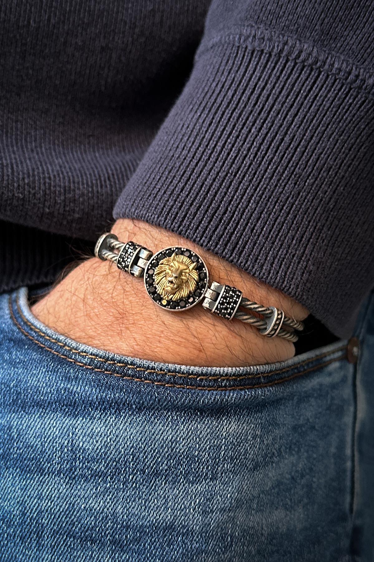 FRNCH 925 Ayar Gümüş Aslan Figürlü Antik Gümüş Renk Erkek Bileklik FRJ12081-3081-AG