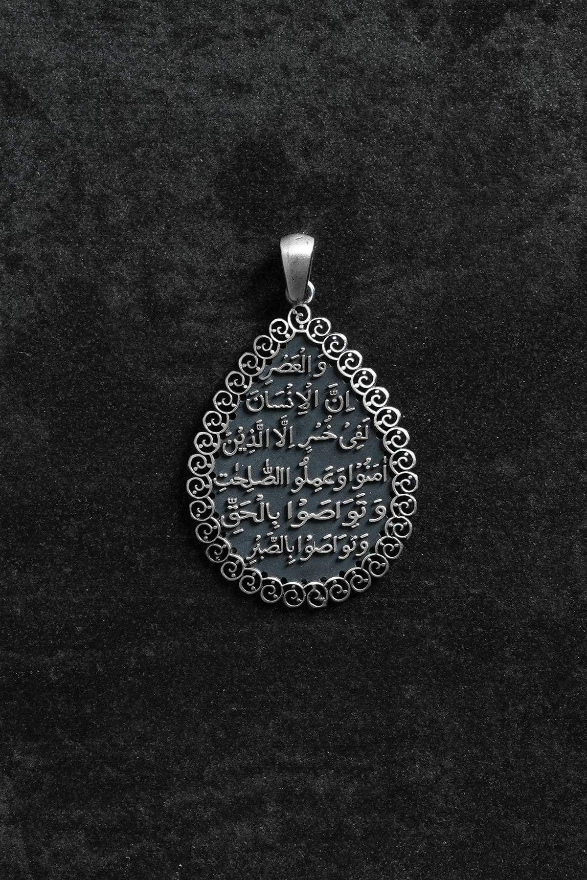 FRNCH 925 Ayar Gümüş Asr Suresi Yazılı Damla Model Gümüş Renk Erkek Kolye Ucu FRKU-1072