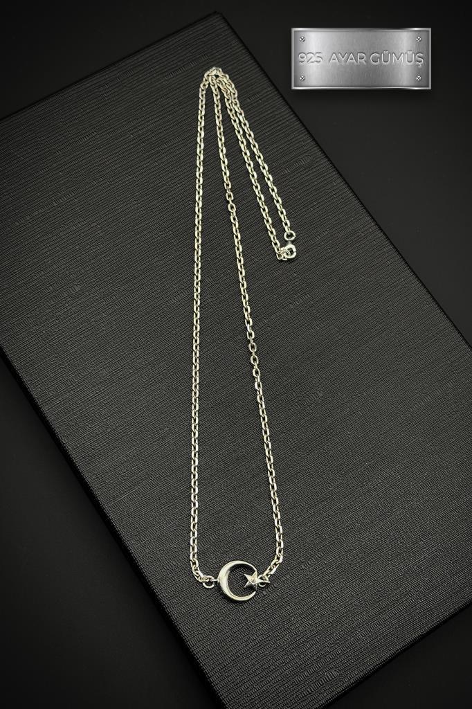 FRNCH 925 Ayar Gümüş Ay-Yıldız Figürlü Gümüş Renk Erkek Kolye FRJ30712-812-A