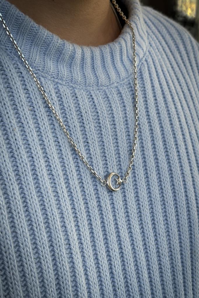 FRNCH 925 Ayar Gümüş Ay-Yıldız Figürlü Gümüş Renk Erkek Kolye FRJ30712-812-A