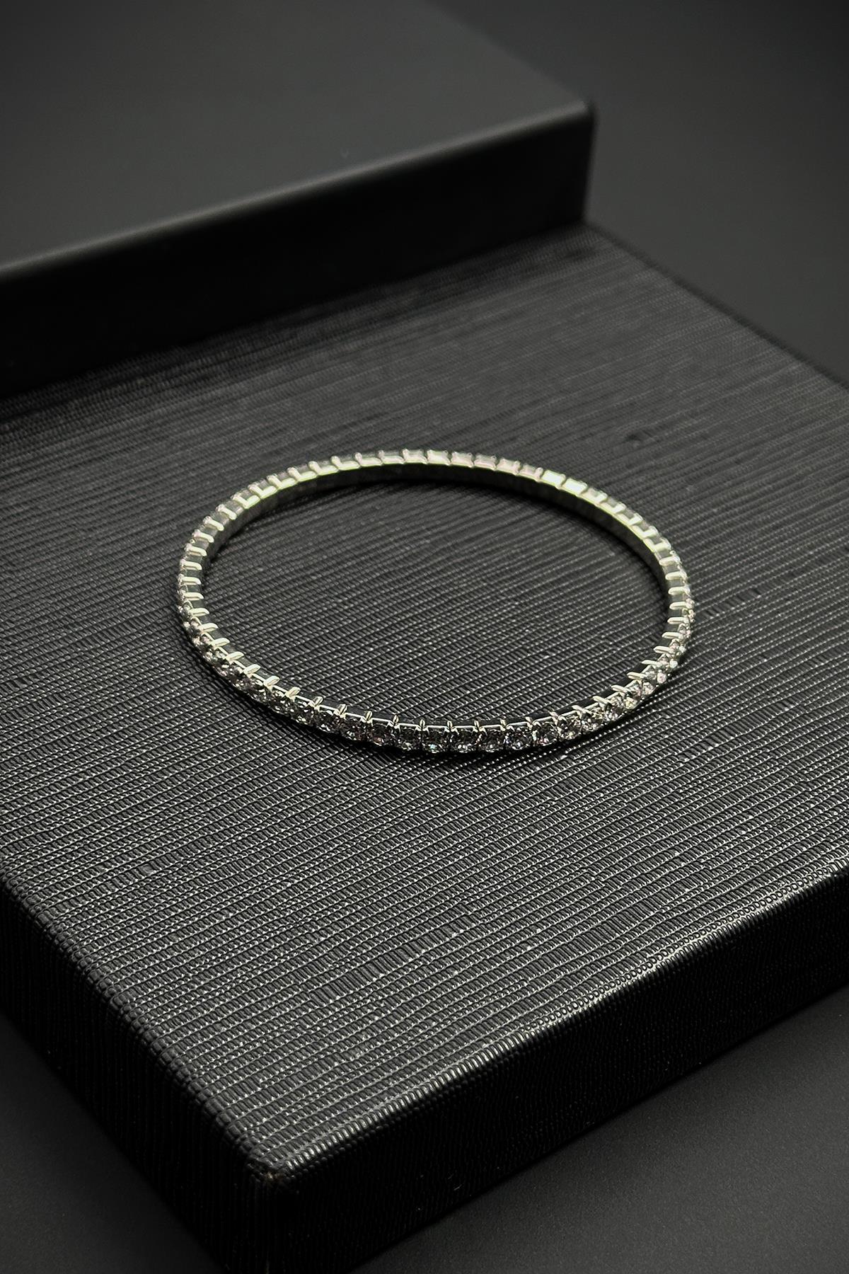 FRNCH 925 Ayar Gümüş Beyaz Zirkon Taşlı Gümüş Renk Erkek Bileklik FRJ12447-3447-A