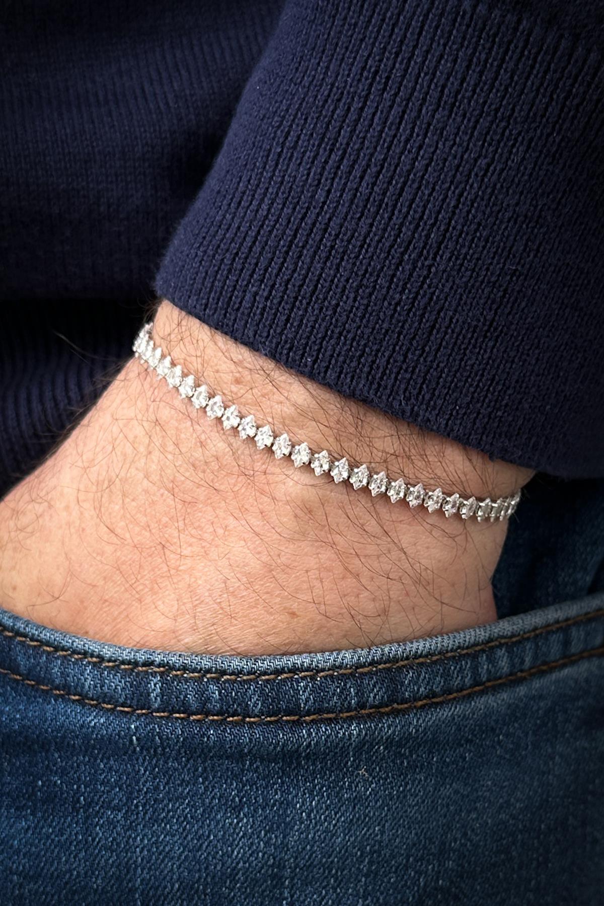 FRNCH 925 Ayar Gümüş Beyaz Zirkon Taşlı Gümüş Renk Erkek Bileklik FRJ12464-3464-A