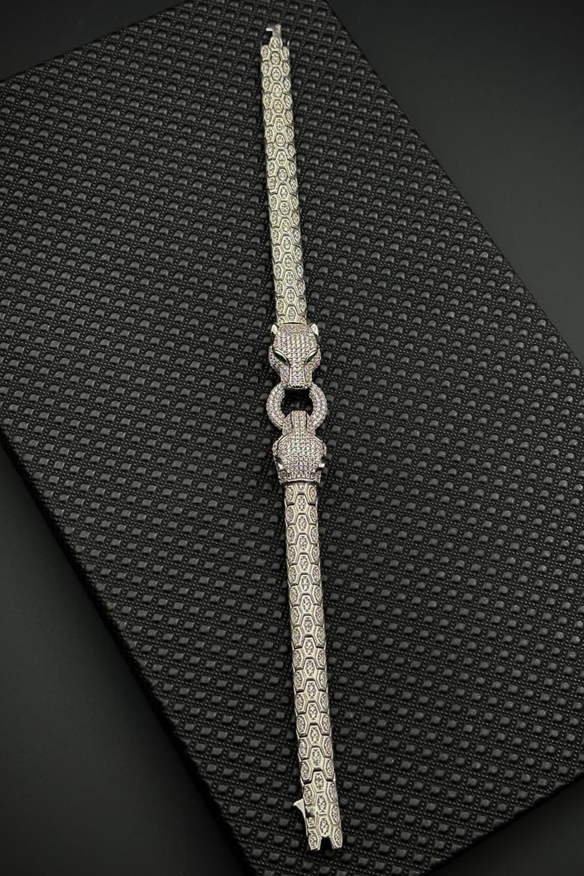 FRNCH 925 Ayar Gümüş Beyaz Zirkon Taşlı Gümüş Renk Erkek Bileklik FRJ12681-3681-A