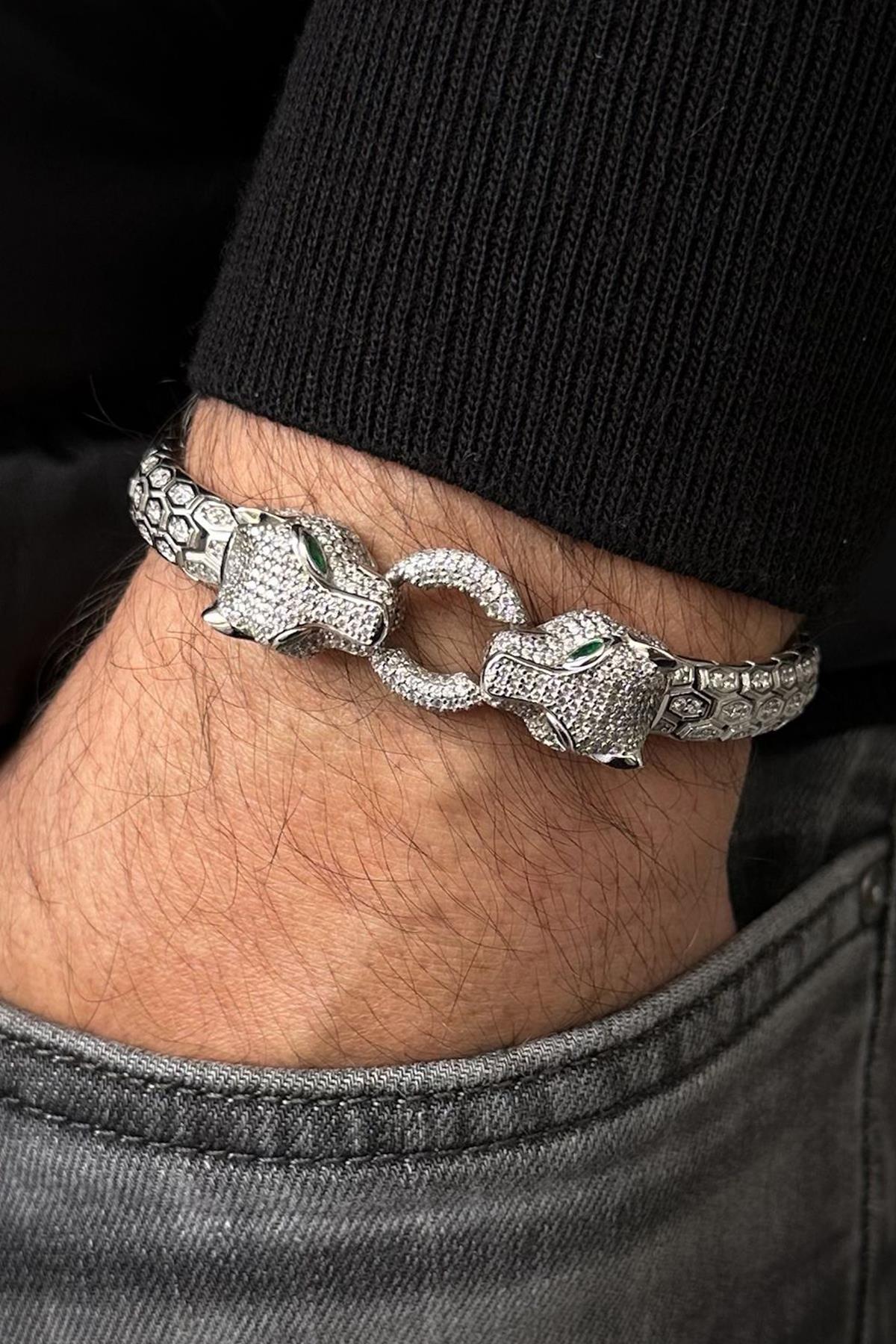 FRNCH 925 Ayar Gümüş Beyaz Zirkon Taşlı Gümüş Renk Erkek Bileklik FRJ12681-3681-A