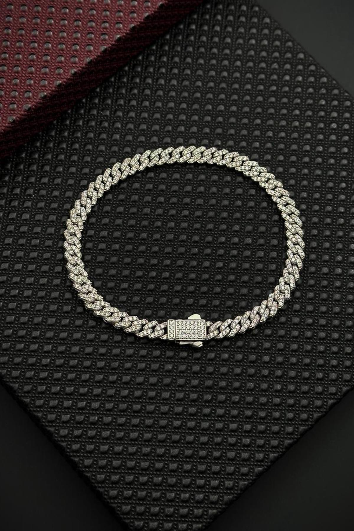 FRNCH 925 Ayar Gümüş Beyaz Zirkon Taşlı Gümüş Renk Erkek Bileklik FRJ12683-3683-B