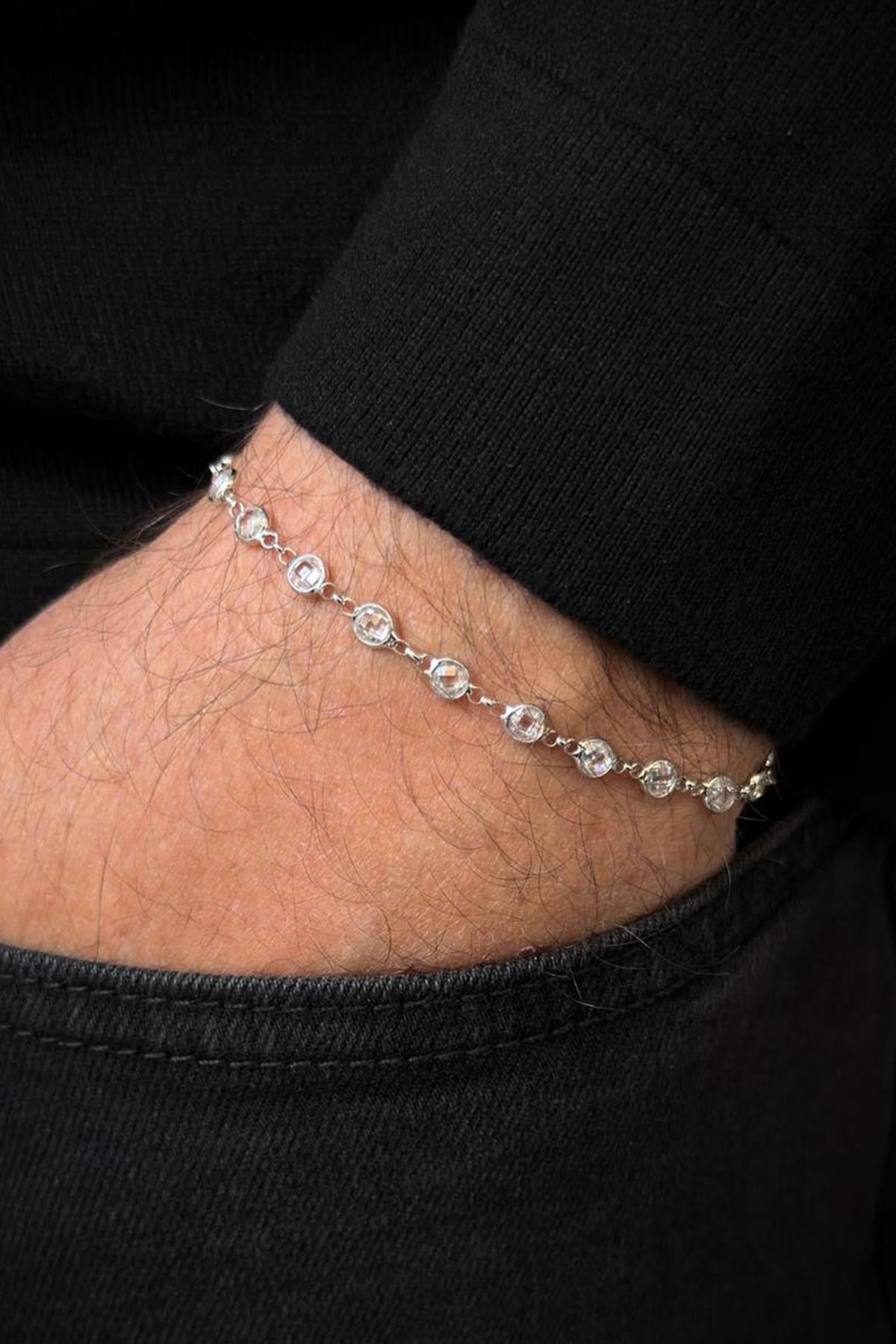 FRNCH 925 Ayar Gümüş Beyaz Zirkon Taşlı Gümüş Renk Erkek Bileklik FRJ12721-3721-A