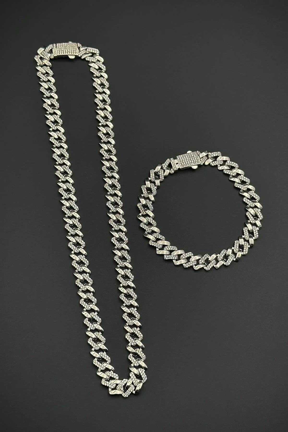 FRNCH 925 Ayar Gümüş Beyaz Zirkon Taşlı Gümüş Renk Erkek Bileklik/Kolye Set FRJ12659-3659-A