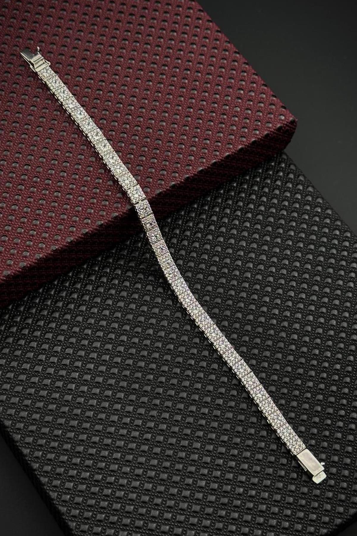 FRNCH 925 Ayar Gümüş Beyaz Zirkon Taşlı Gümüş Renk Tennis Erkek Bileklik FRJ12700-3700-A