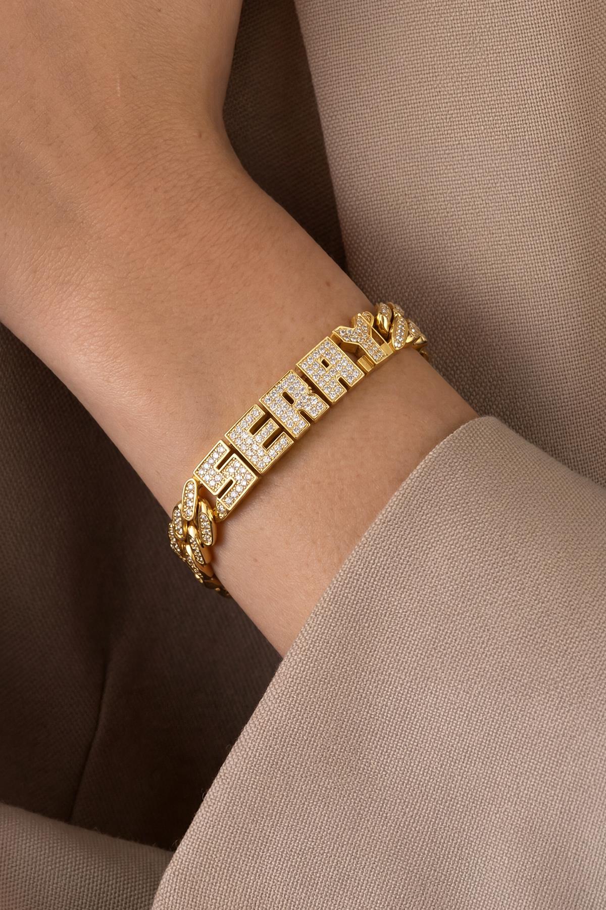 FRNCH 925 Ayar Gümüş Beyaz Zirkon Taşlı İsim Yazılan Altın Renk Kadın Bileklik FRJ12897-3897-G