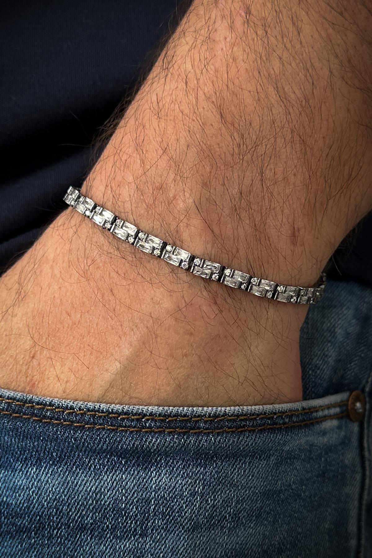 FRNCH 925 Ayar Gümüş Beyaz Zirkon Taşlı Tennis Erkek Bileklik FRJ11908-2008-B