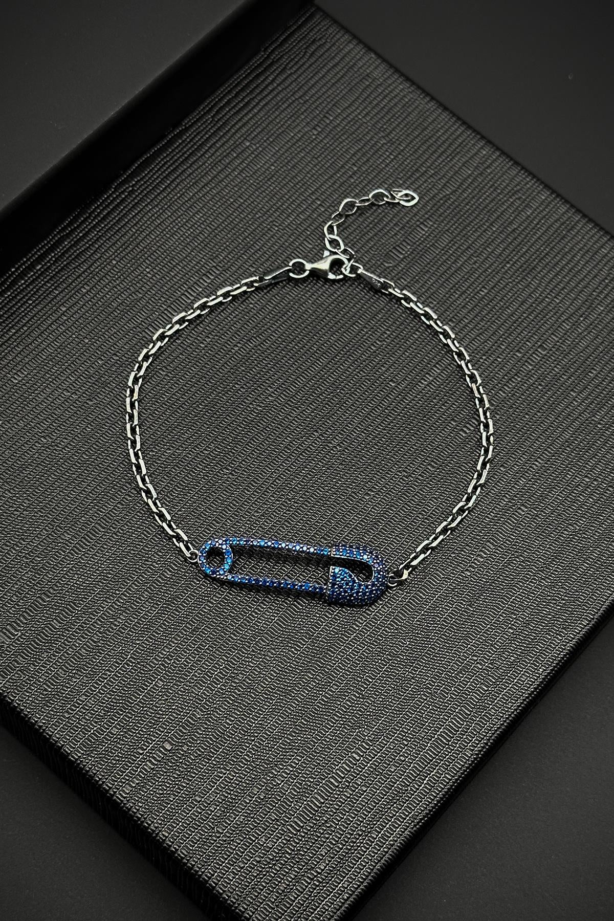 FRNCH 925 Ayar Gümüş Çengelli İğne Model Lacivert Zirkon Taşlı Erkek Bileklik FRJ12185-3185-L