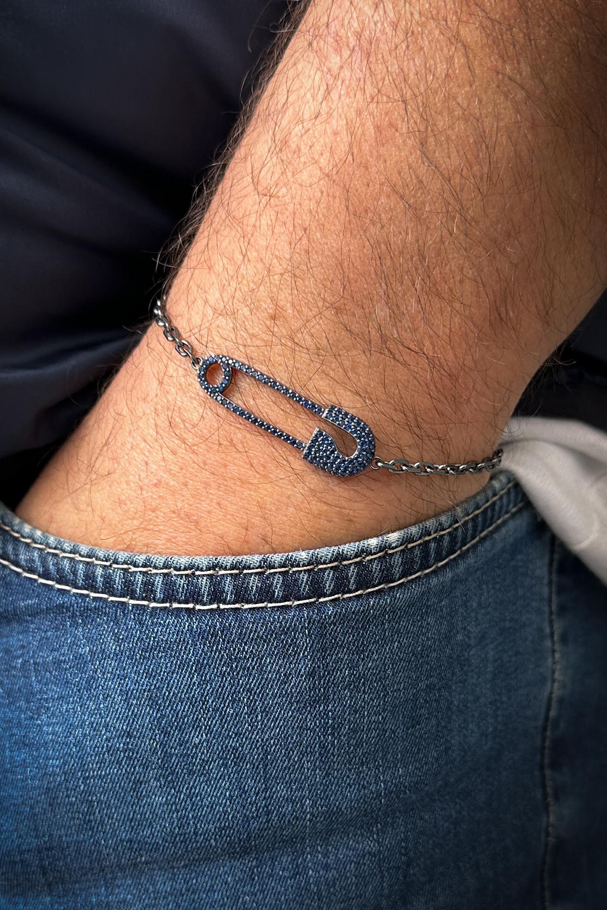 FRNCH 925 Ayar Gümüş Çengelli İğne Model Lacivert Zirkon Taşlı Erkek Bileklik FRJ12185-3185-L