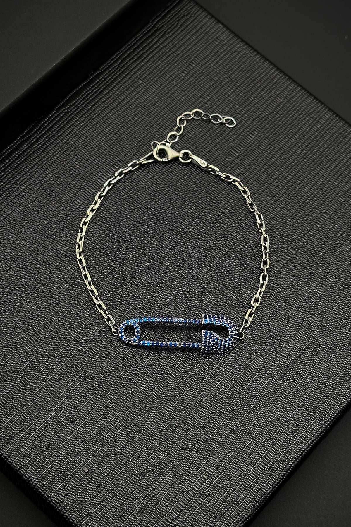 FRNCH 925 Ayar Gümüş Çengelli İğne Model Lacivert Zirkon Taşlı Erkek Bileklik FRJ12185-3185-L2