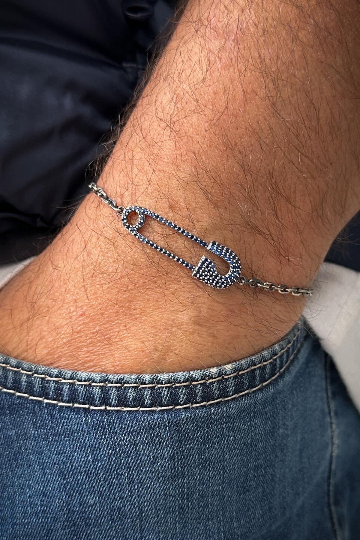 FRNCH 925 Ayar Gümüş Çengelli İğne Model Lacivert Zirkon Taşlı Erkek Bileklik FRJ12185-3185-L2