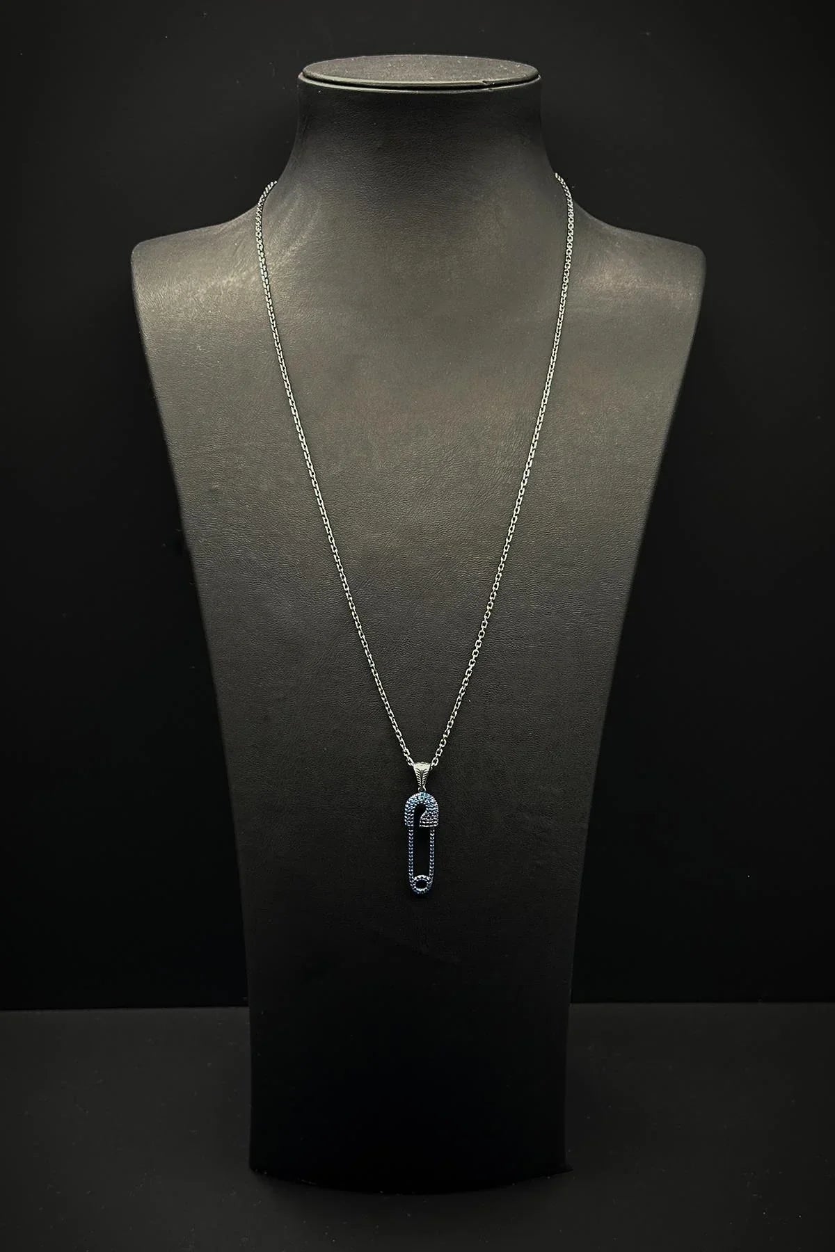 FRNCH 925 Ayar Gümüş Çengelli İğne Model Lacivert Zirkon Taşlı Erkek Kolye FRJ30759-859-L