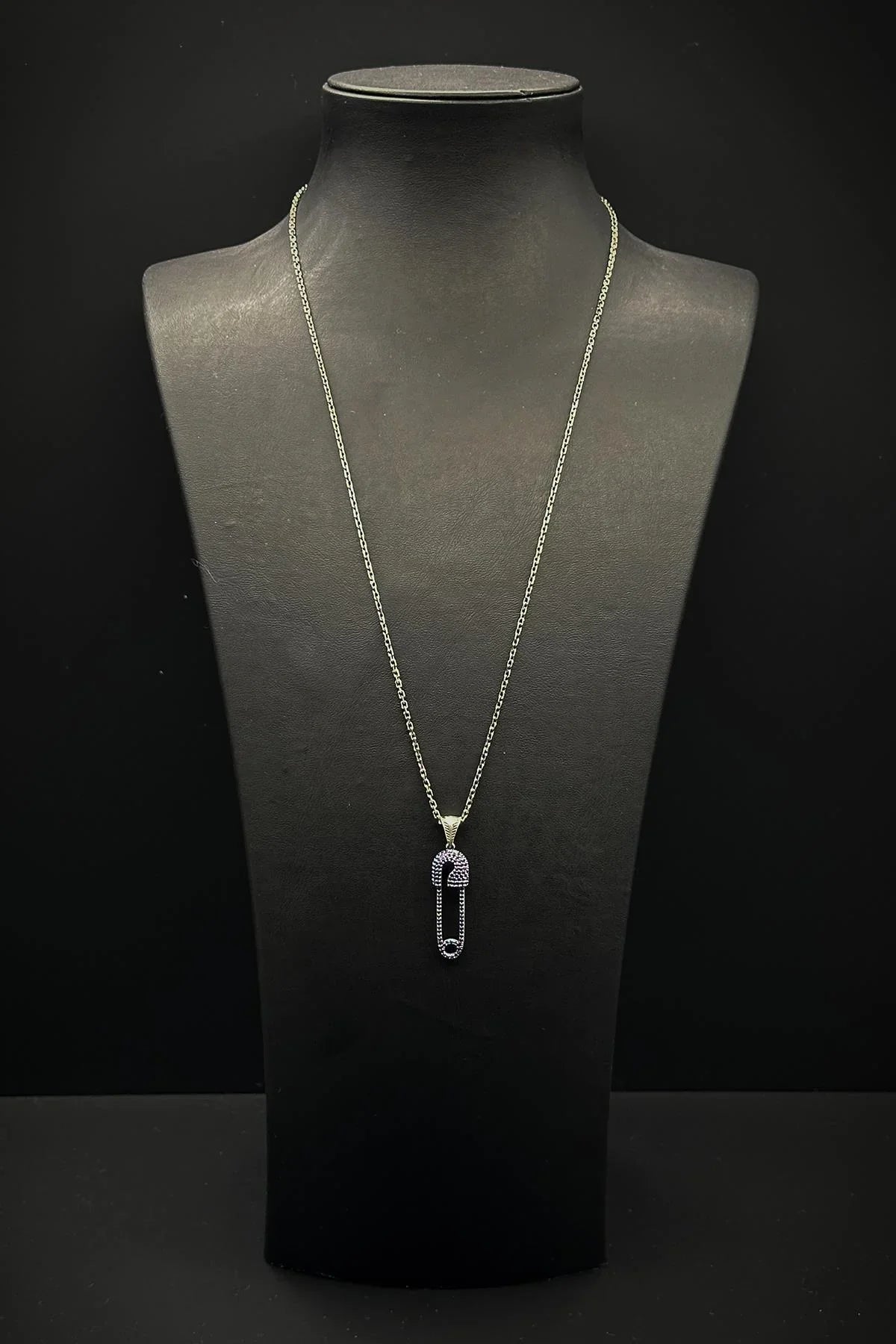 FRNCH 925 Ayar Gümüş Çengelli İğne Model Lacivert Zirkon Taşlı Erkek Kolye FRJ30759-859-L2