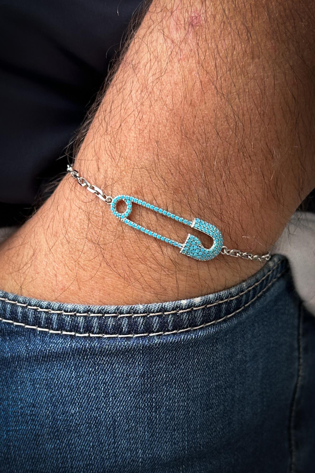 FRNCH 925 Ayar Gümüş Çengelli İğne Model Mavi Zirkon Taşlı Erkek Bileklik FRJ12185-3185-M