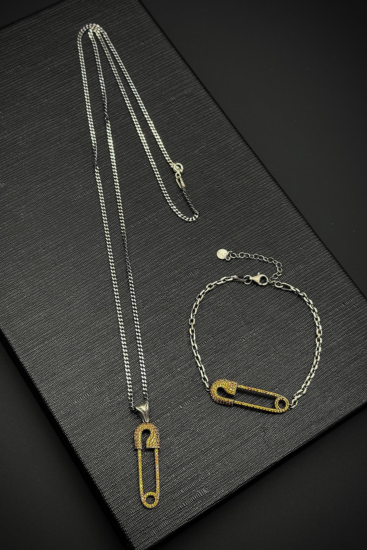 FRNCH 925 Ayar Gümüş Çengelli İğne Model Sarı Zirkon Taşlı Erkek Bileklik/Kolye Set FRJ12209-3209-S