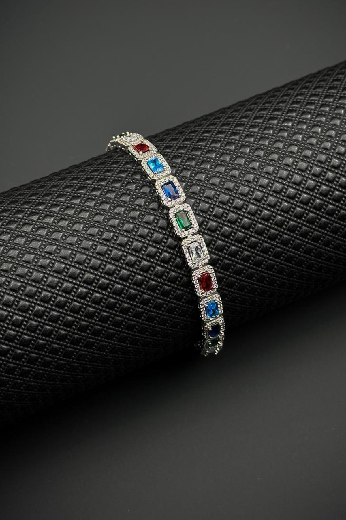 FRNCH 925 Ayar Gümüş Çok Renkli Baget Zirkon Taşlı Gümüş Renk Erkek Bileklik FRJ12644-3644-CK