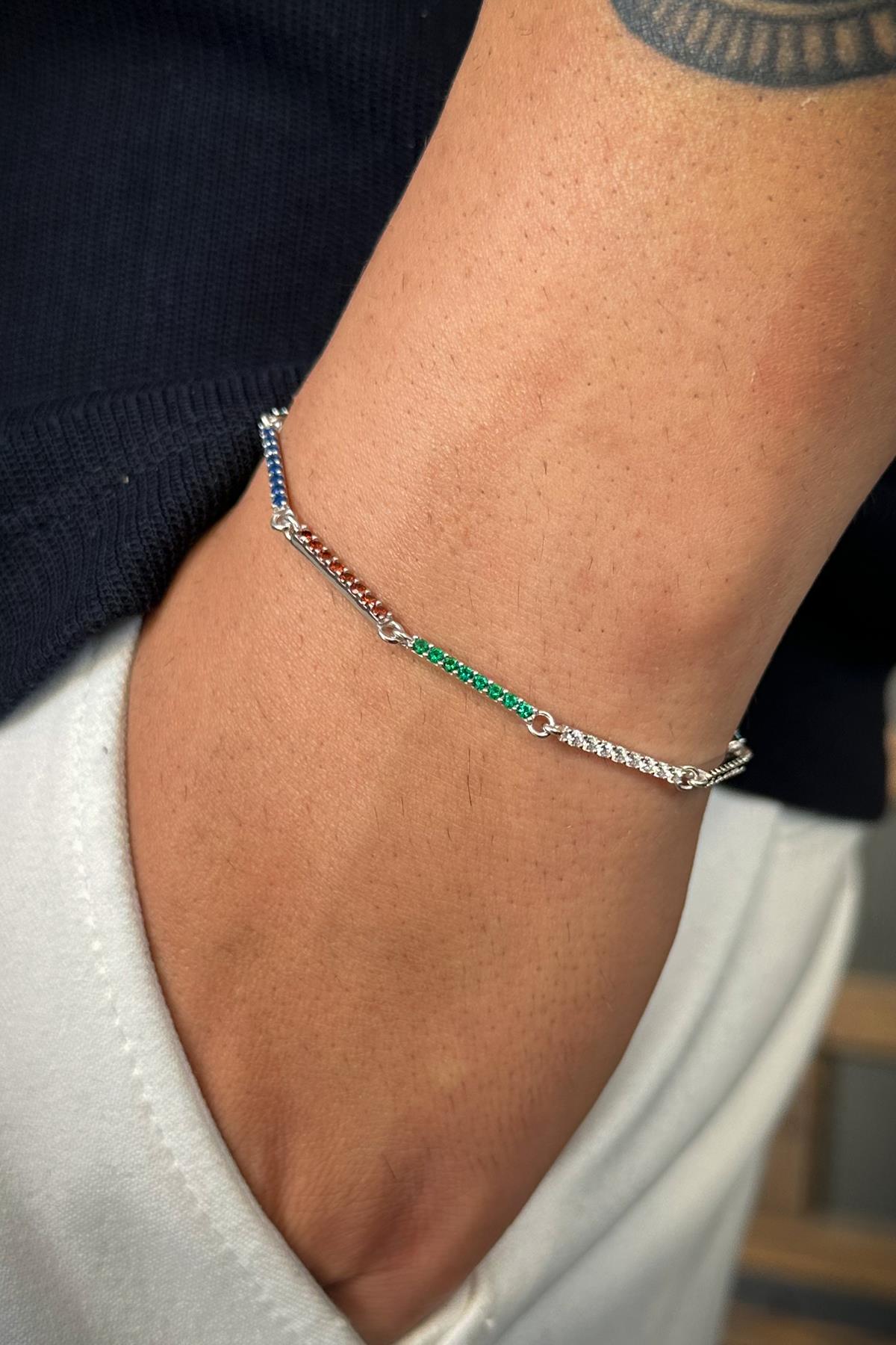 FRNCH 925 Ayar Gümüş Çok Renkli Zirkon Taşlı Erkek Bileklik FRJ12593-3593-CK