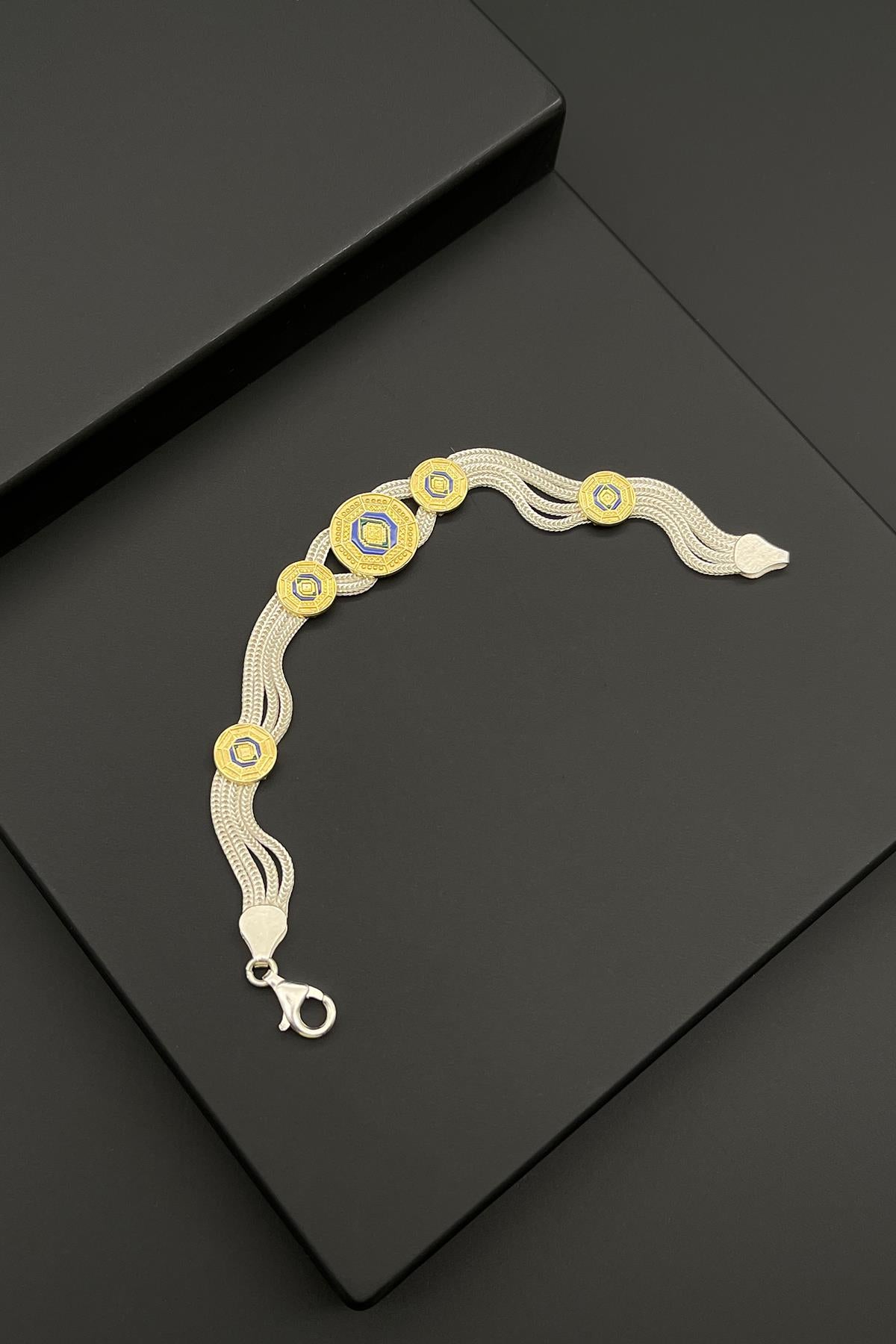 FRNCH 925 Ayar Gümüş Desenli Altın-Gümüş Renkli Erkek Bileklik FRJ11958-2058-AG