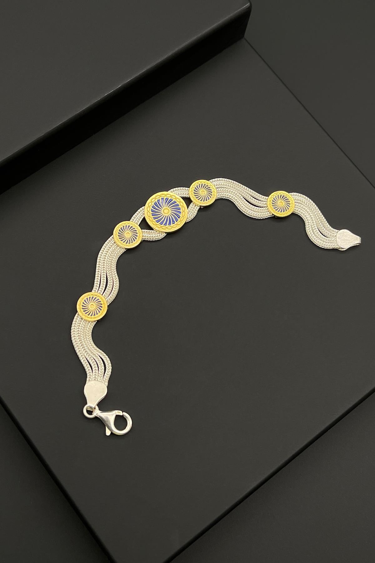 FRNCH 925 Ayar Gümüş Desenli Altın-Gümüş Renkli Erkek Bileklik FRJ11958-2058-AG4