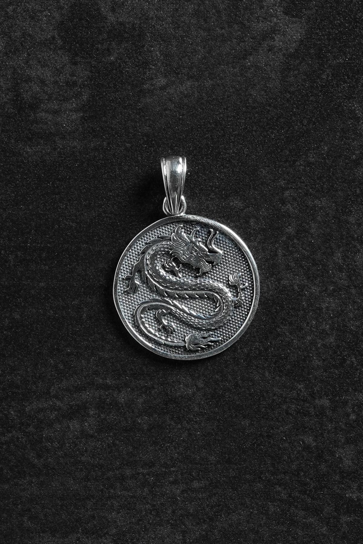 FRNCH 925 Ayar Gümüş Ejderha Figürlü Gümüş Renk Erkek Kolye Ucu FRKU-1103