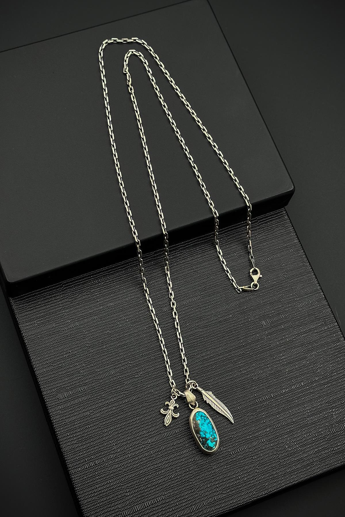 FRNCH 925 Ayar Gümüş Firuze Doğal Taşlı Gümüş Renkli Erkek Kolye FRJ30917-1017-M