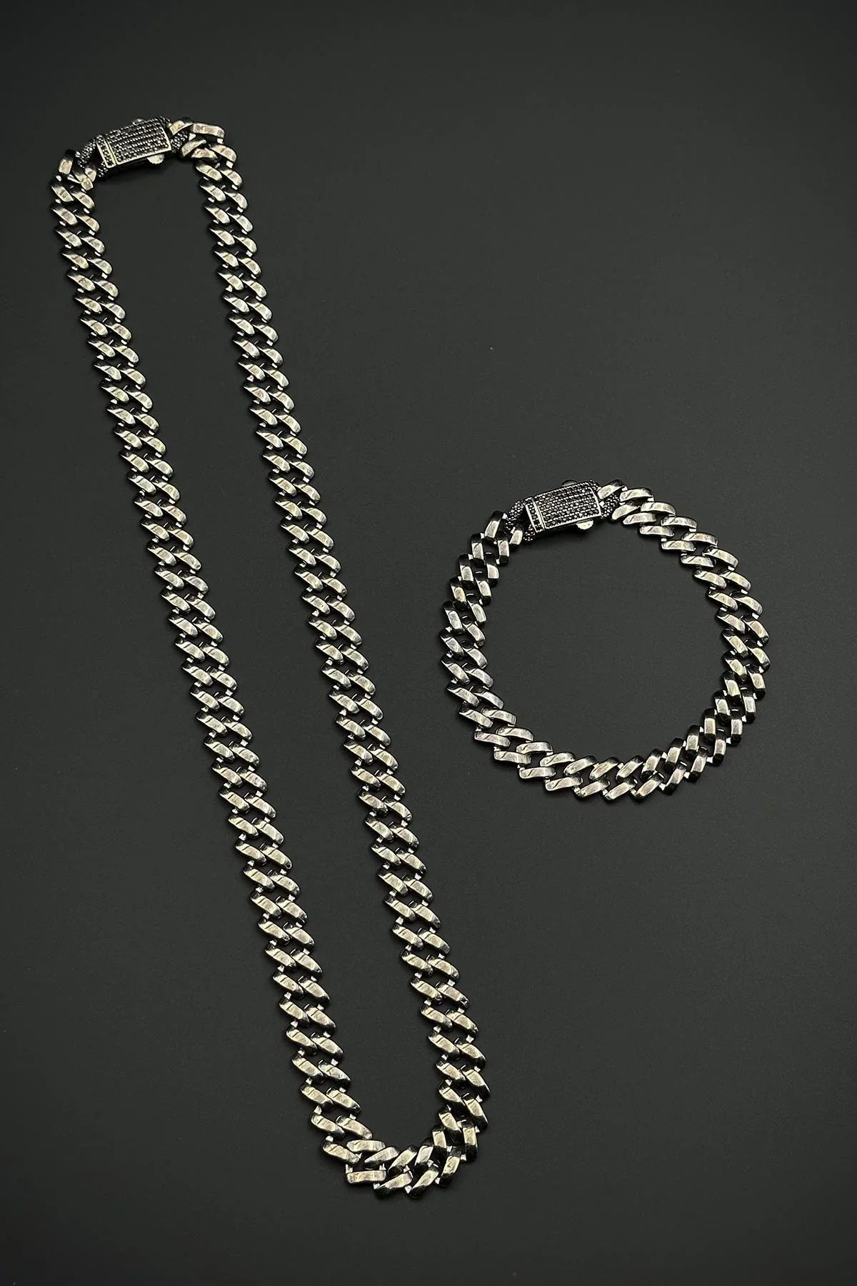 FRNCH 925 Ayar Gümüş Füme Renk Erkek Bileklik/Kolye Set FRJ12660-3660-B