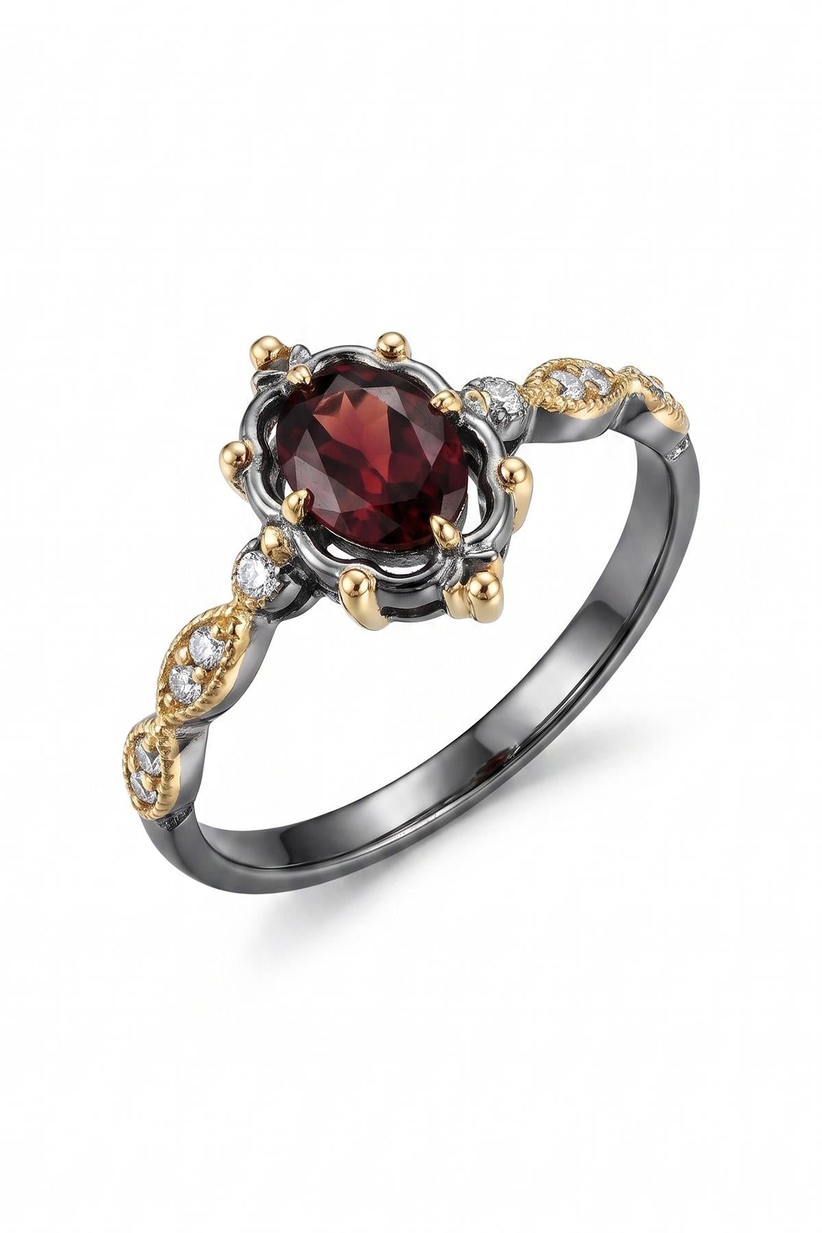 FRNCH 925 Ayar Gümüş Garnet Taşlı Füme Renk Kadın Yüzük FRJ60105-205-BK