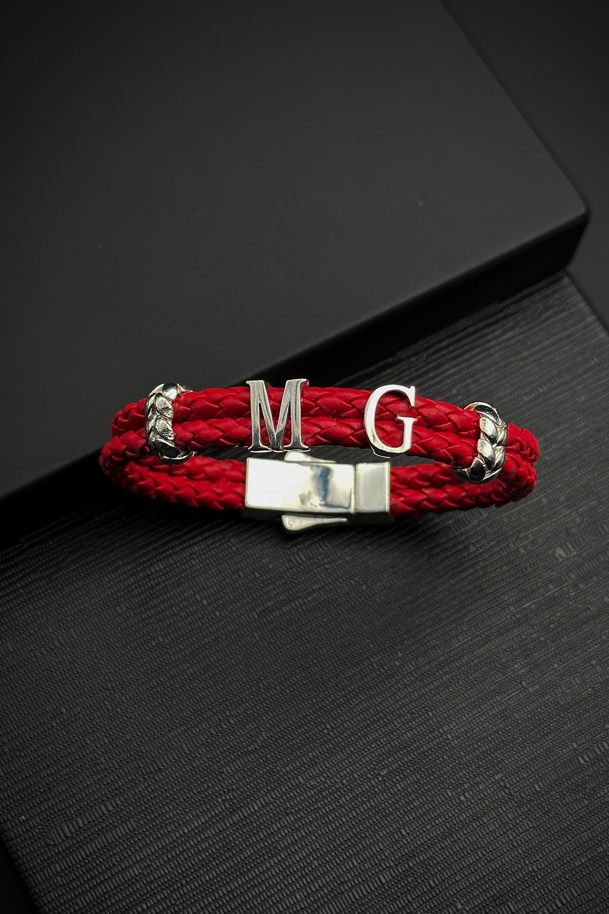 FRNCH 925 Ayar Gümüş Harfli Kırmızı Renk Deri Erkek Bileklik FRJ12453-3453-K