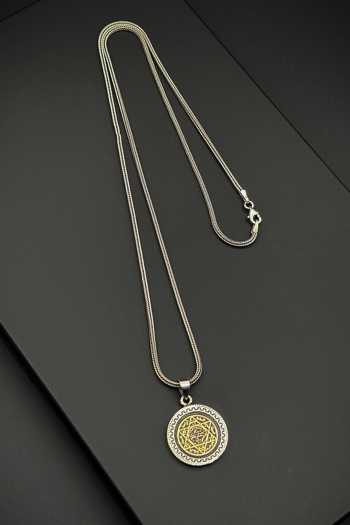 FRNCH 925 Ayar Gümüş Hz.Süleyman Mührü Desenli Gümüş Renk Erkek Kolye FRJ30700-800-A