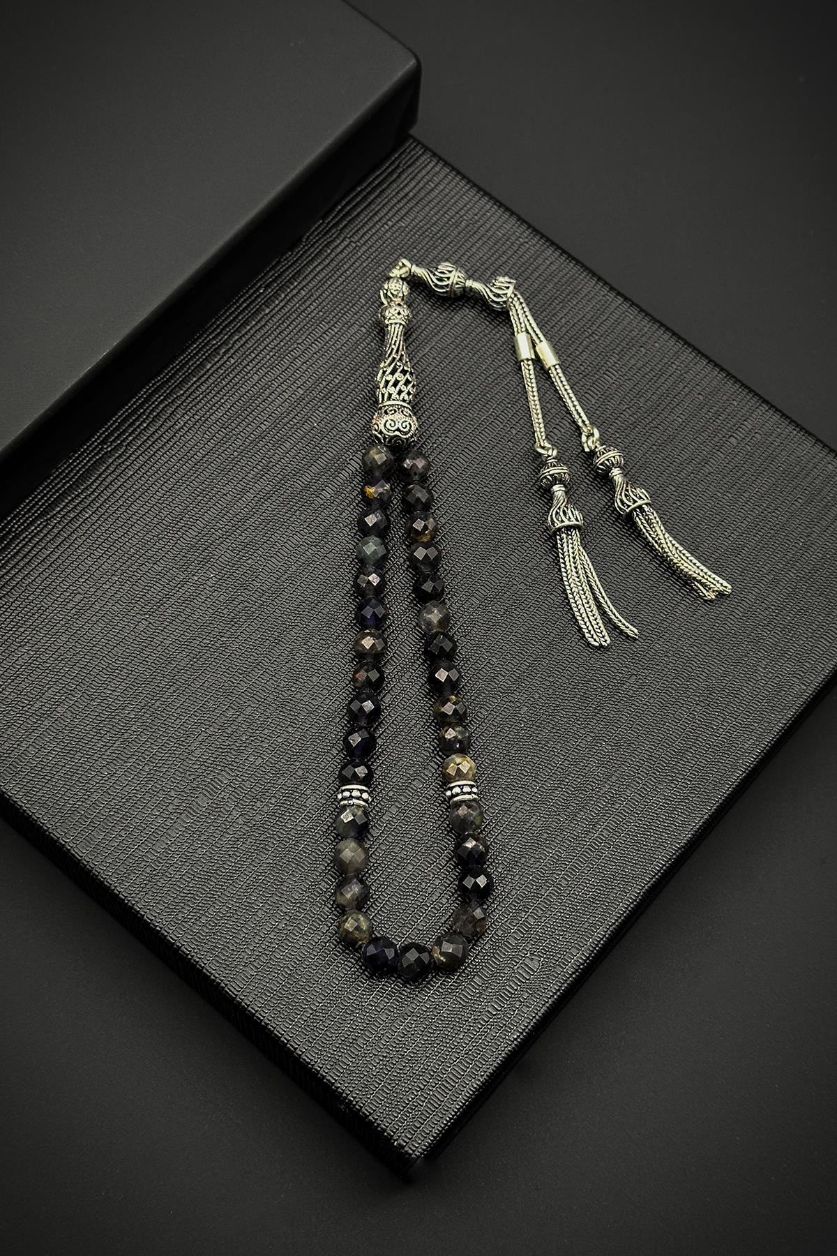 FRNCH 925 Ayar Gümüş İmameli İyolit Doğal Taşlı Siyah Renk Tesbih FRJ80001-101-S5