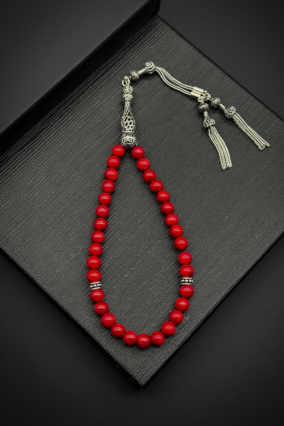 FRNCH 925 Ayar Gümüş İmameli Mercan Doğal Taşlı Kırmızı Renk Tesbih FRJ80001-101-K4