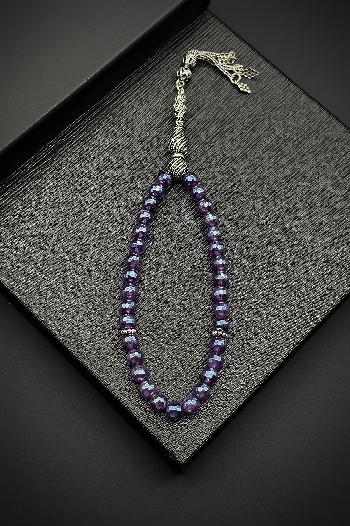 FRNCH 925 Ayar Gümüş İmameli Titanyum Kaplama Mor Akik Taşlı Tesbih FRJ80001-101-M2