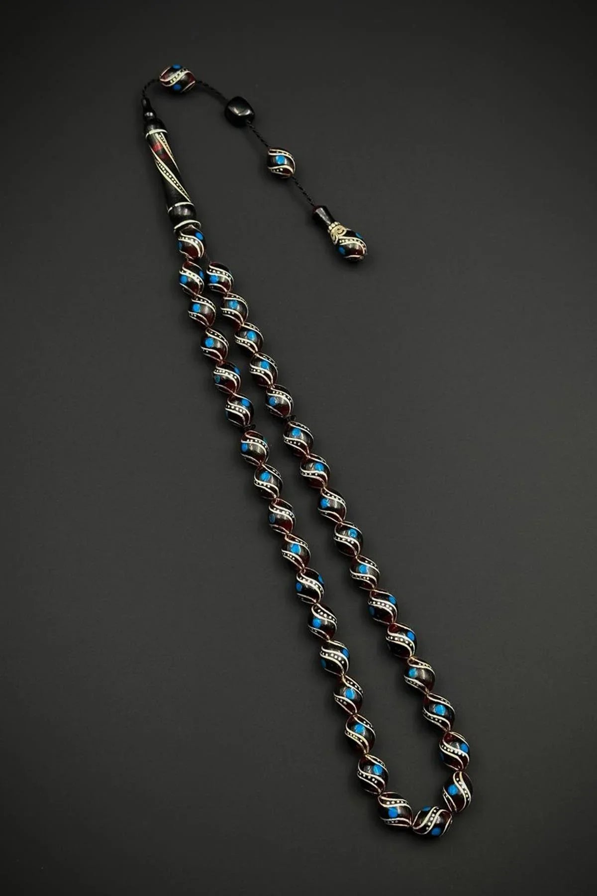 FRNCH 925 Ayar Gümüş İşlemeli Oltu Taşlı Kahverengi-Mavi Renk Tesbih FRJ80004-104-KM